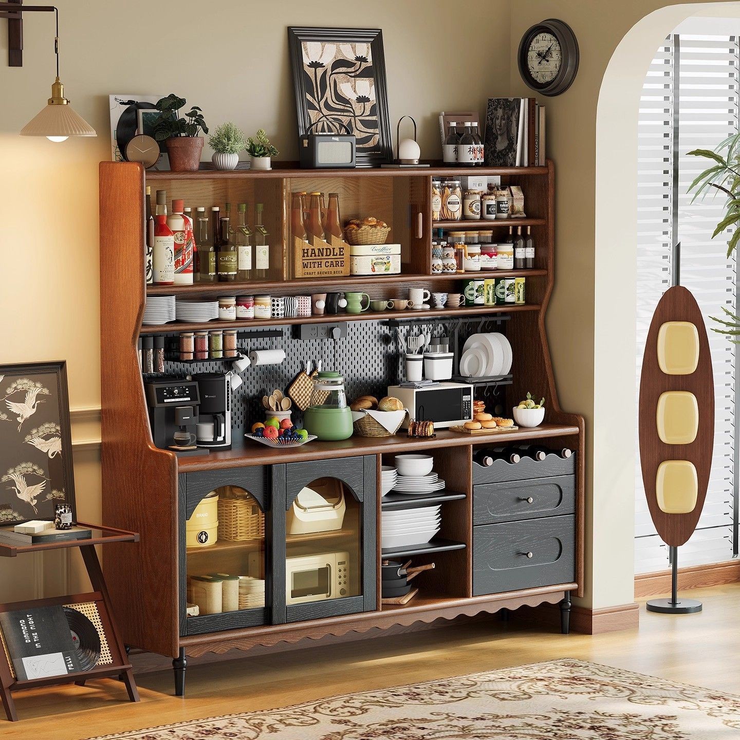 New Mid-Century Style Sideboard Solid Wood Wall-Mounted Tea Cabinet Slate Surface Storage High Cabinet Home Storage Wine Cabinet