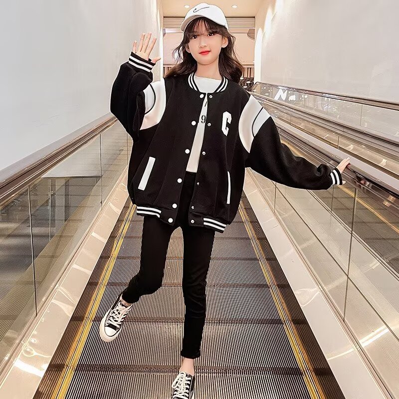 여자 인터넷 인기있는 봄과 가을 코트 2024 새로운 어린이 중학교 학생 코트 스포츠 옷 어린이 야구 옷