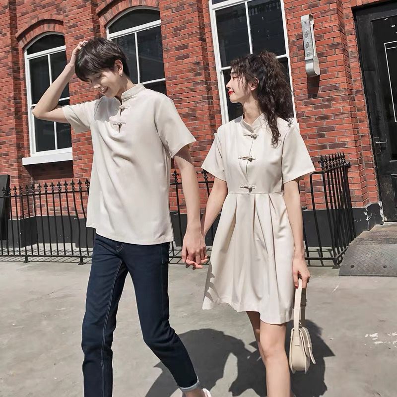 2021 Couple Costume Chinese-style Hanfu Button Short-sleeved T-shirt All-match Top Women's Improved Dress Student Class Clothes