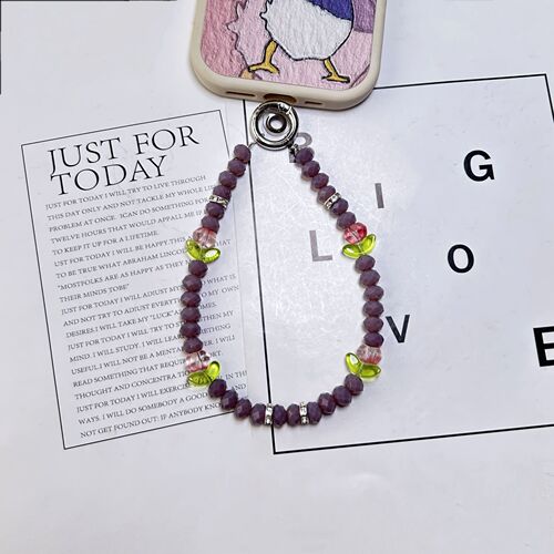 Creative and Stylish Amethyst Purple Crystal Embossed Tulip Short Handmade Beaded Bag Keychain Phone Chain