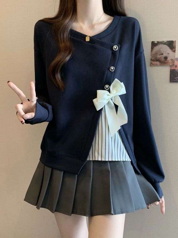 设计感假两件长袖卫衣女2025春秋季蝴蝶结宽松独特别致超好看上衣|undefined