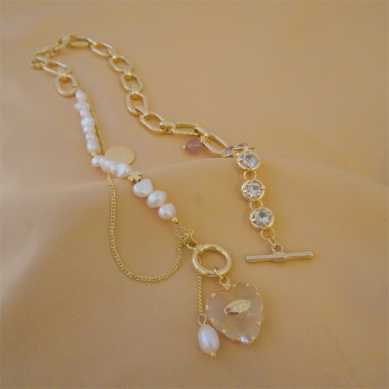 38g Weight 14K Gold Plated Plating Material Glass Pendant Material Necklace Classification Copper Chain Material 1 Piece Quantity Casual Occasion Freshwater Pearl Material Heart Shape Pattern Women's Gender Plating Design Fairy Style Style Fairy Style Heart Shape Freshwater Pearl Plating 14K Gold Plated Women's Necklace 11