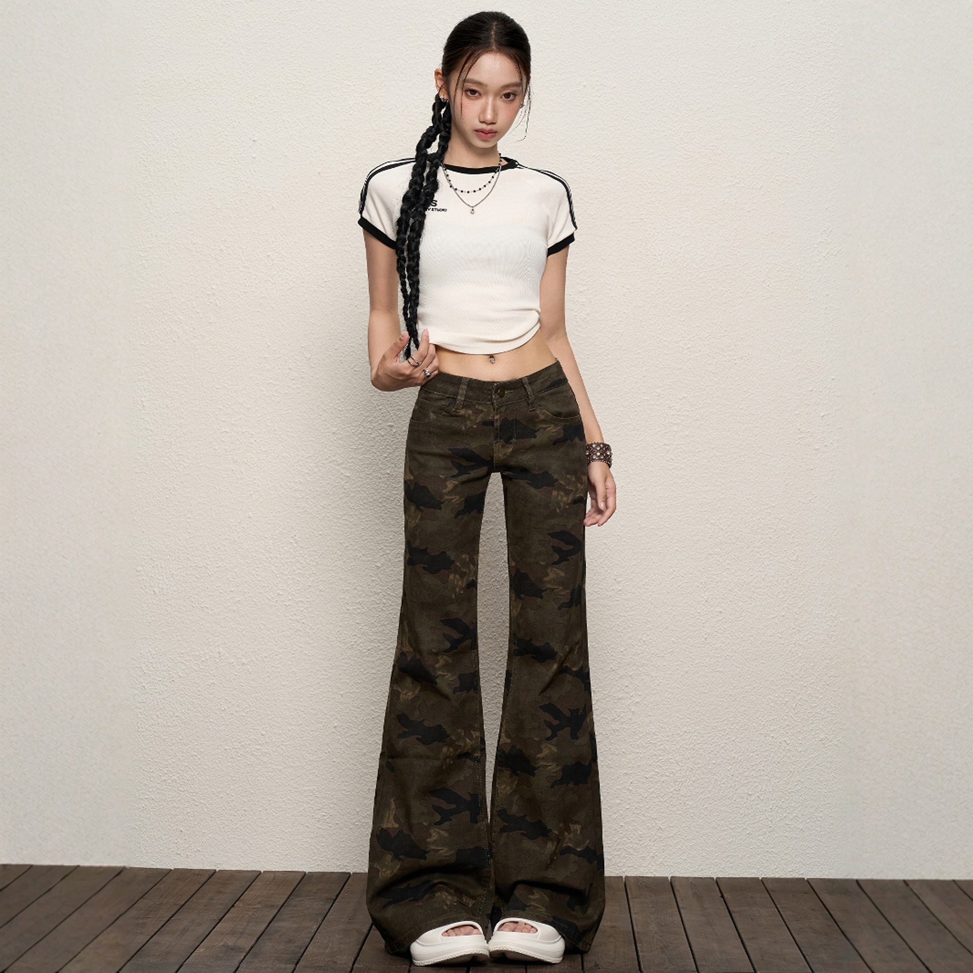 Camouflage Micro-Flared Jeans for Women 2025 New Summer Low-Waist Slim Fit American Hot Girl Floor-Length Pants