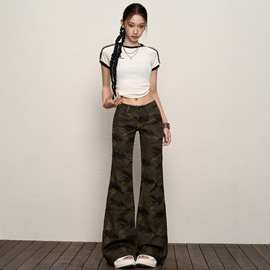 迷彩微喇叭牛仔裤女2025新款夏季低腰垂感修身显瘦美式辣妹拖地裤