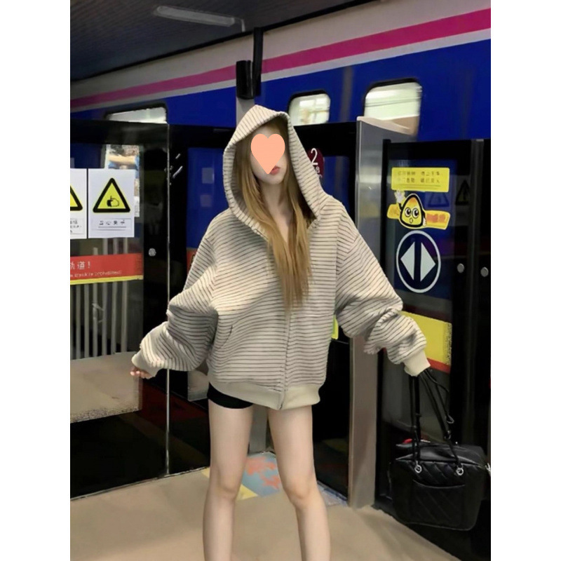 高级感条纹连帽休闲宽松美式卫衣女2025秋季新款别致上衣|undefined