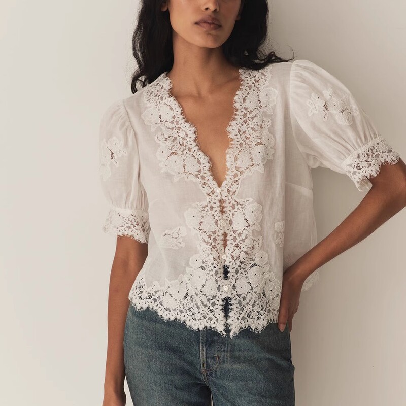 Now Xiaozhong 2025 Spring and Summer New Hollow Lace Top Puff Sleeve V-Neck Short Sleeve Shirt for Women