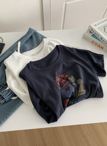 Women's Loose Round Neck Short Sleeve Top with Snowflake Cotton, 2025 Summer Thin Han-style Youthful Cat Fruit Print T-shirt