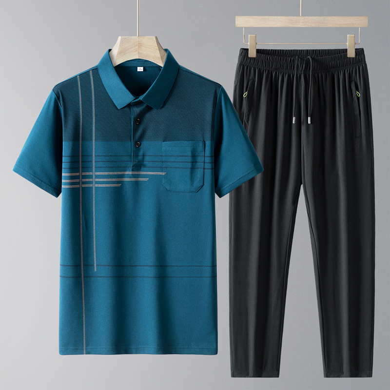 Papá, ropa de verano de hielo, traje deportivo de hombre, pantalones largos de manga corta de verano, ropa deportiva casual de hombre, dos piezas de mediana edad.
