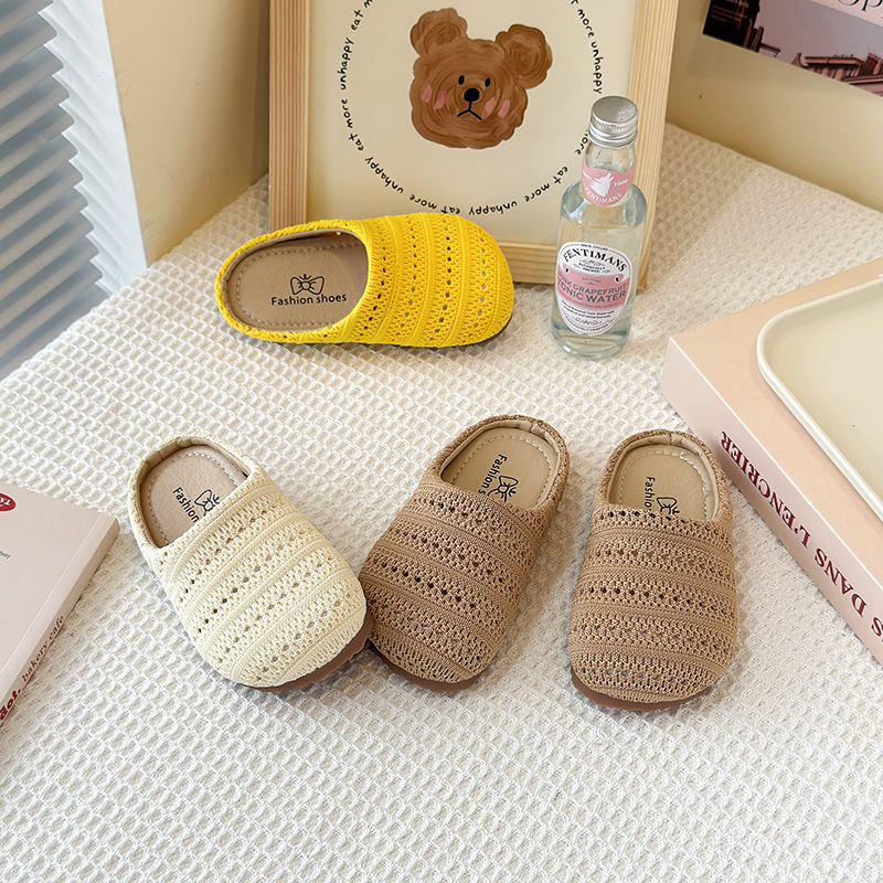 Girls' Casual Outer Wearing Woven Baotou Half Slippers 2025 Summer New Soft Bottom Hollow-out Breathable Birkenstocks Non-slip Shoes