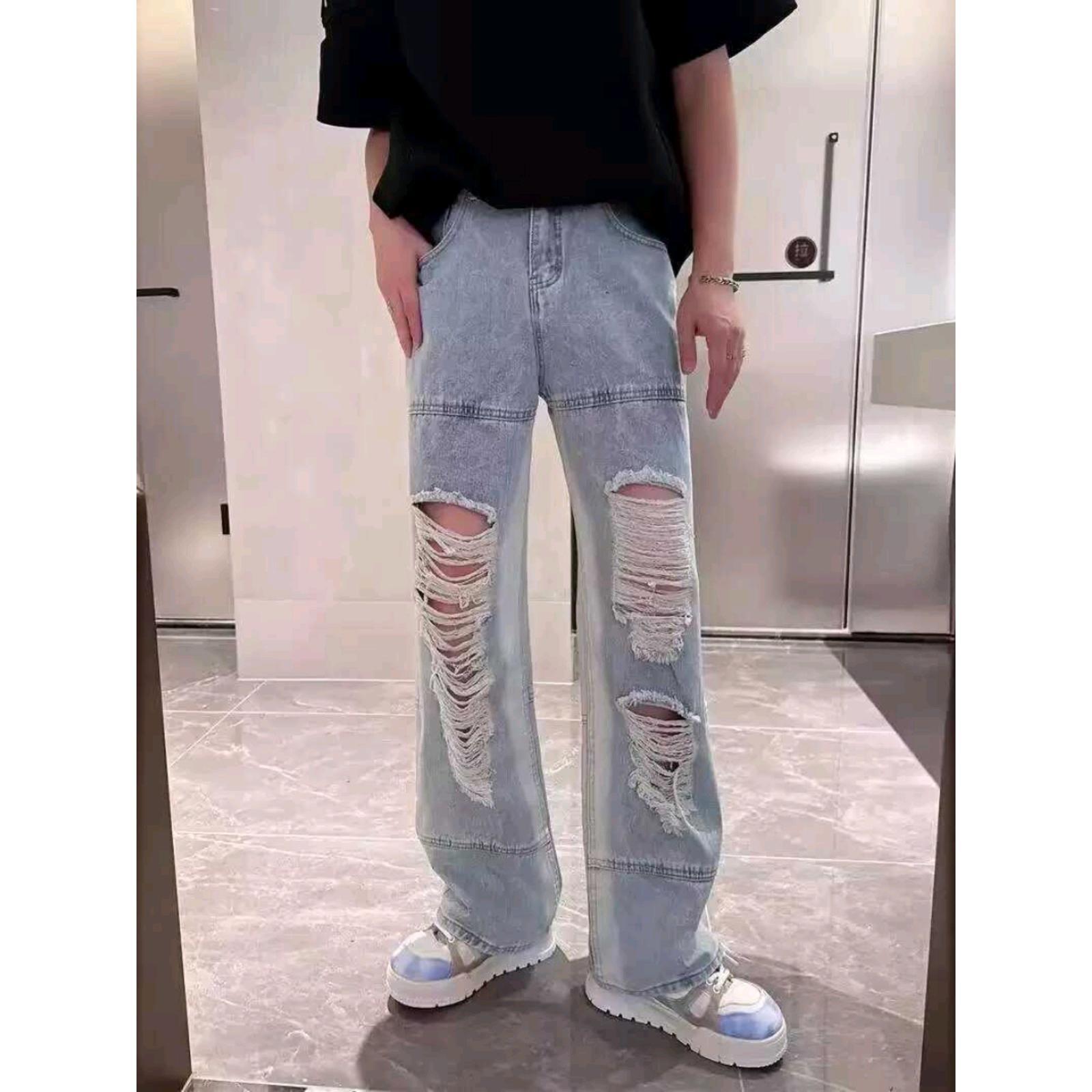 American Style Retro High Street Ripped Jeans Men's Summer Thin Trendy Brand Hip-Hop Ins Loose Straight Casual Pants