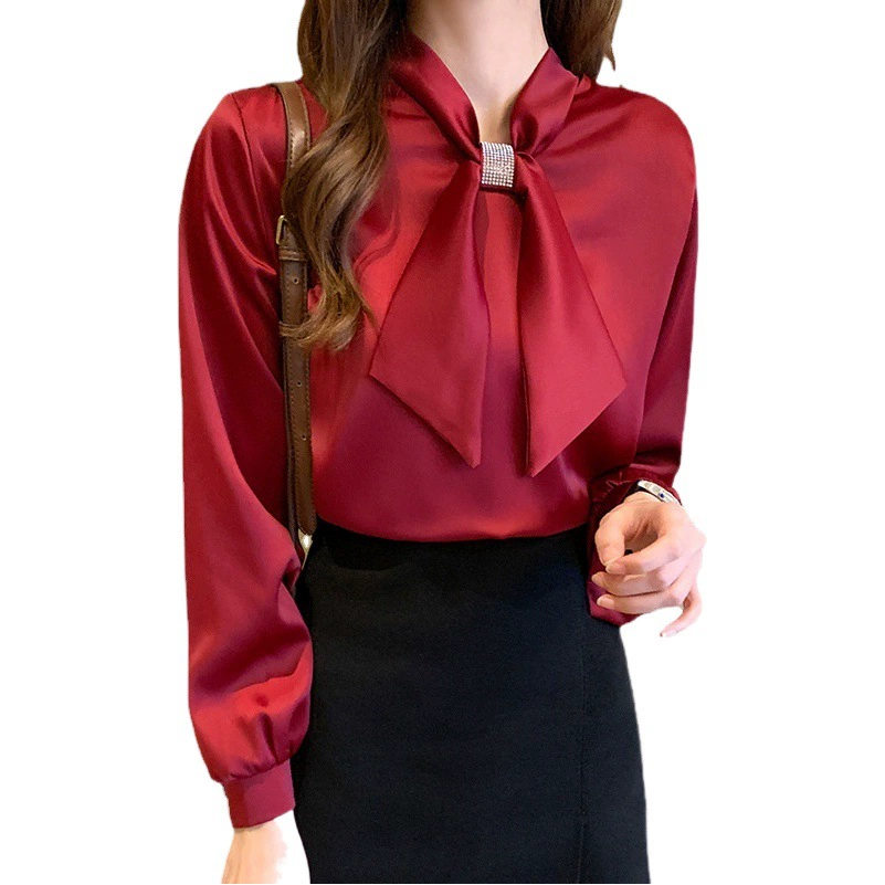 Корейская универсальная блузка с длинным рукавом и бантом для женщин, осенний свободный крой, из ацетатного шелка тутового шелкопряда, модный универсальный топ