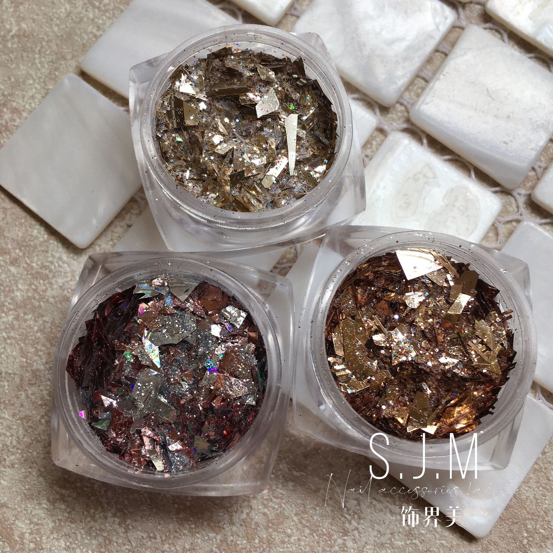 日式美甲澀味不規則亂切片閃粉 玫瑰金黑金低調感細粉亮片套裝