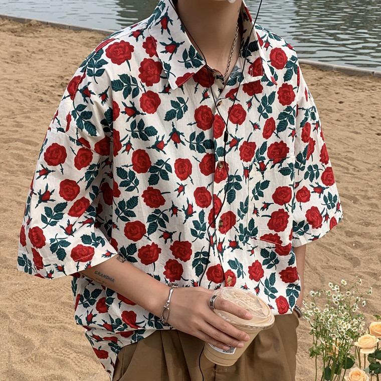 Hong Kong Style Retro Rose Flower Printed Short-sleeved Shirts For Men And Women,Hawaiiany Loose Couple Tops,Handsome Shirts