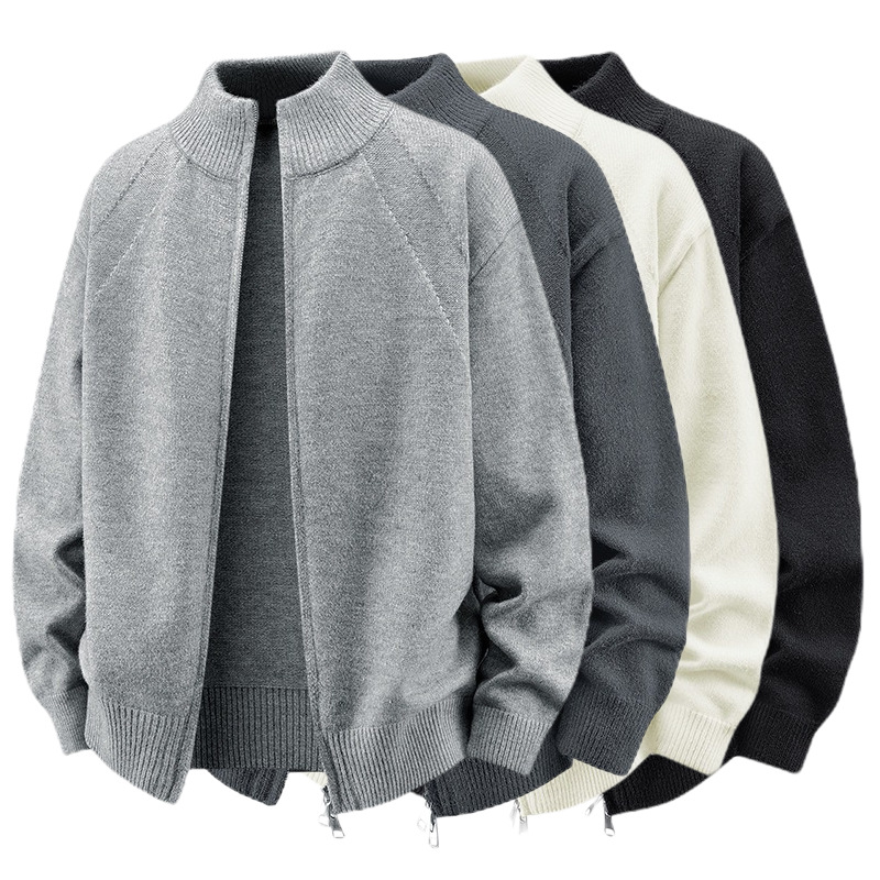 Explosiones transfronterizas de tamaño europeo de gran tamaño de cuello de pie cardigán chaqueta suéter de punto suéter de hombre doble cremallera fábrica al por mayor