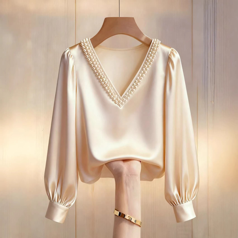 Champagne-Colored Satin V-Neck Pearl-Embellished Shirt for Women, Long-Sleeved, Elegant French-Style Commuter Top, 2026 New Model
