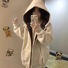 韩版甜妹慵懒风穿搭拼接格子连帽卫衣女秋冬加绒加厚休闲开衫外套