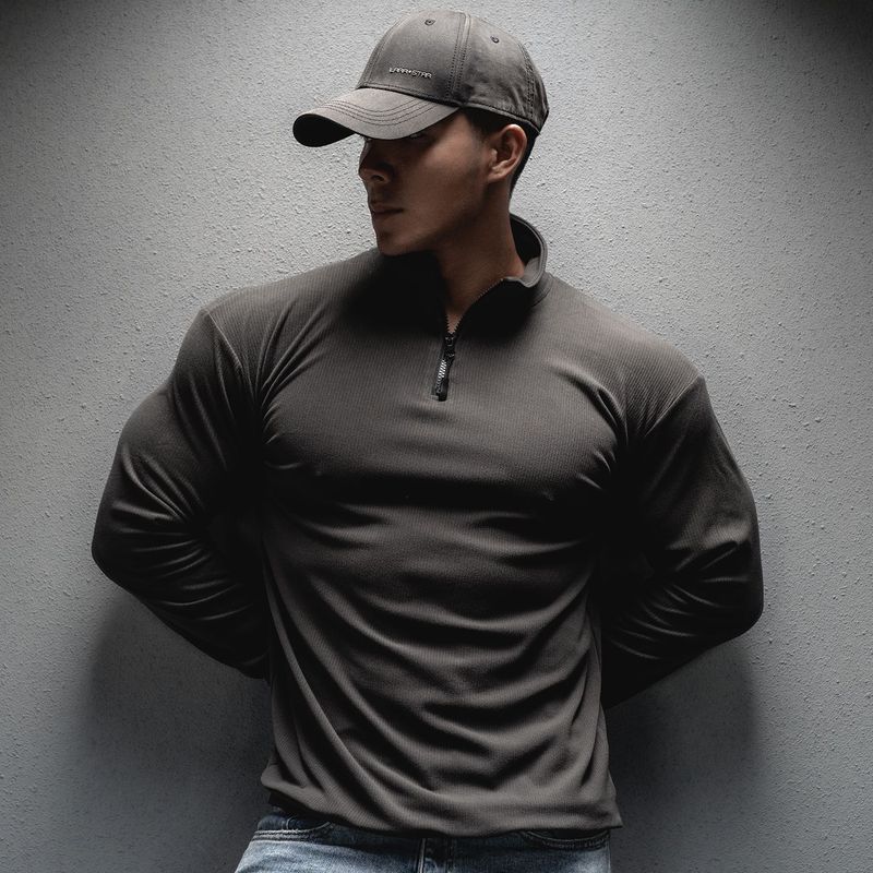 肌肉春秋新款男士健身训练运动休闲跑步锻炼弹力纯色宽松拉链长袖|undefined