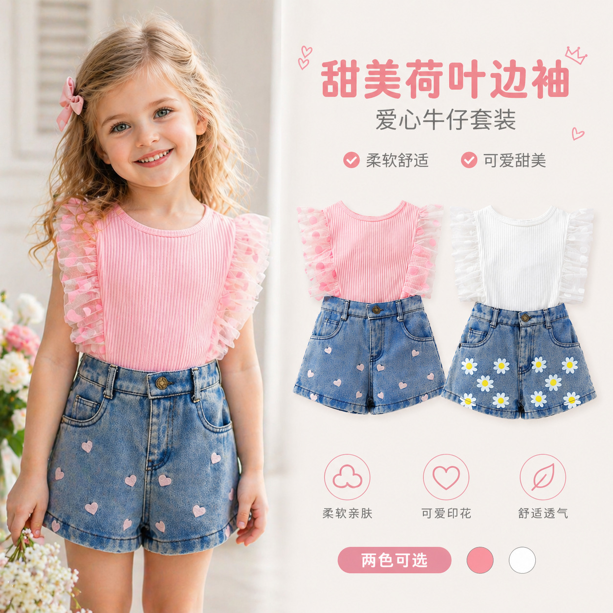 SAMGAMIBABY Cross-border Summer Girls' Clothing Set: Polka Dot Mesh Sleeve Top and Floral Denim Shorts (2-Piece Set)