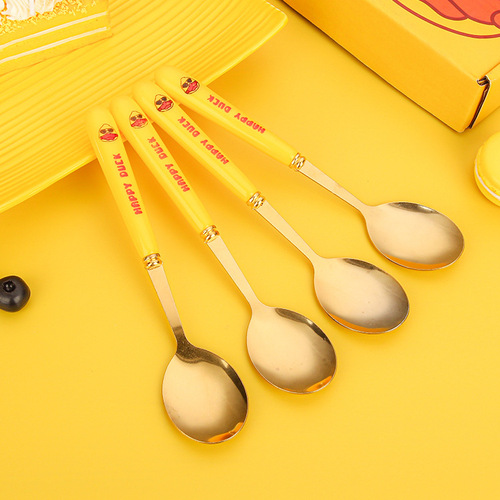 Net celebrity dessert spoon wholesale stainless steel golden spoon children's household tableware cartoon cute spoon high appearance