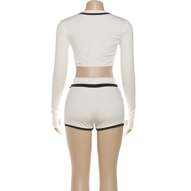 Autumn Bare Cropped Slim Fit Zipper Coat Top Color Matching Shorts Set