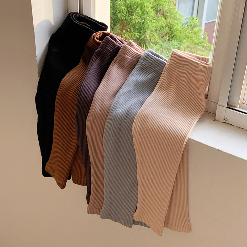 秋季新款儿童纯色百搭弹力坑条小脚裤女宝宝洋气修身外穿长裤子