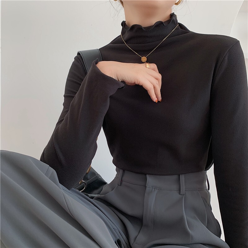 Base Shirt Women's Autumn and Winter New Korean Style Niche High Collar Sexy Inner Top Student's Slim-fit Slimming Long-sleeved T-shirt