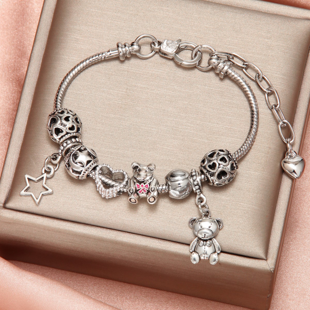 Bear Charm Bangle Bracelet, Personalised Handmade Glass Jewellery_voghion.com