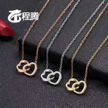 欧美不锈钢双爱心项链自定义刻字欧美轻奢时尚百搭跨境项厂家批发