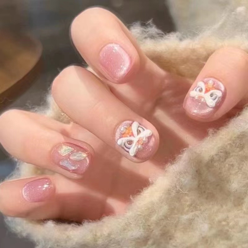Fm-467 Fake Nails Pink Cat's Eye Lion Dance Full Rhinestone Detachable Chinese Style New Year Armor