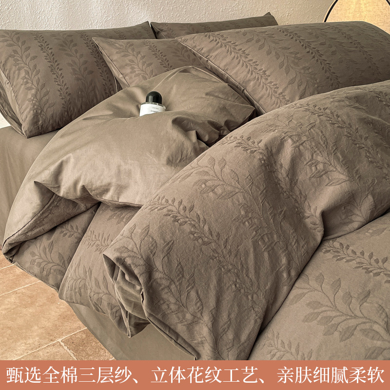 Cama de hilo de doble capa de algodón de cuatro piezas, sábana de algodón grueso, funda de edredón, dormitorio individual, traje de tres piezas 2025 nuevo 3