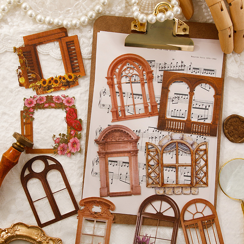 Ventana de broche ventana de arquitectura retro puertas y ventanas huecas DIY diario de contabilidad decoración transfronteriza no adhesiva papel de contabilidad