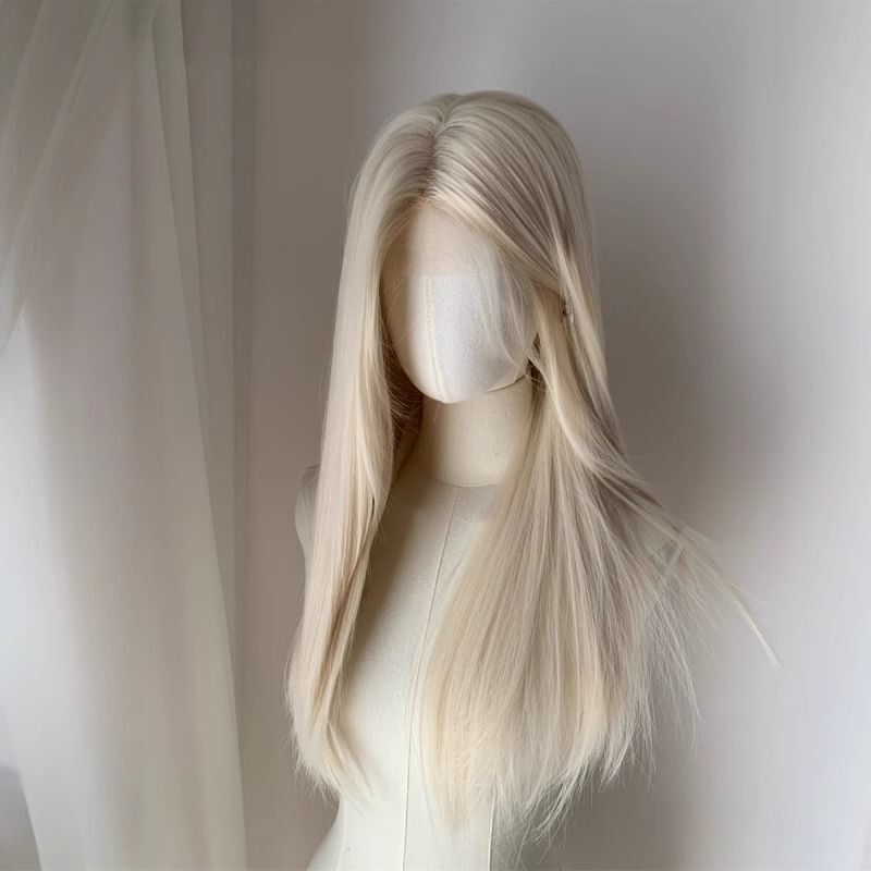 Moon White·Girl Group Platinum·Small Lace Wig Female Medium Parted Long Straight Hair Cos Simulation Human Hair Full Wig