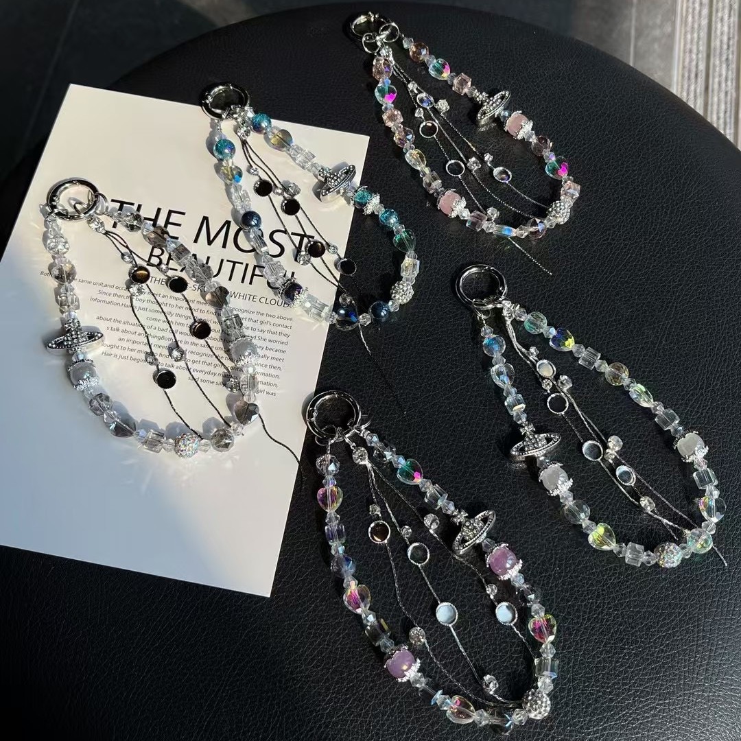 Cable de teléfono móvil de alto nivel, la emperatriz imperial del oeste Saturno, el planeta, cuentas de cristal, cuentas de fresa, cadenas de teléfono móvil hechas a mano, colgantes de muñeca