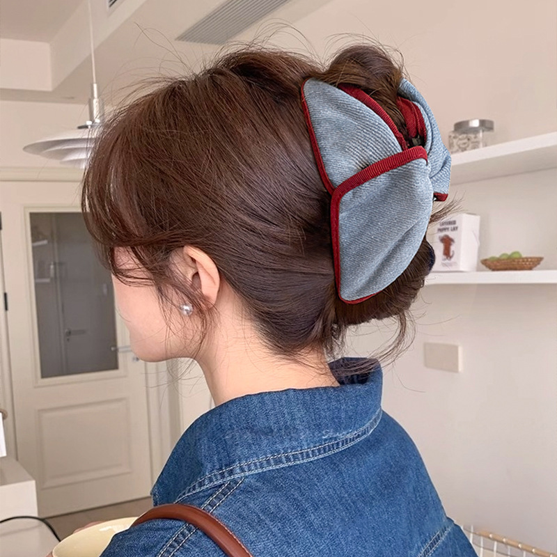 新しいレトロな韓国生地のリボン三角形クリップ女性の大きなヘアクリップ後頭部の髪の量シャーククリップ|undefined