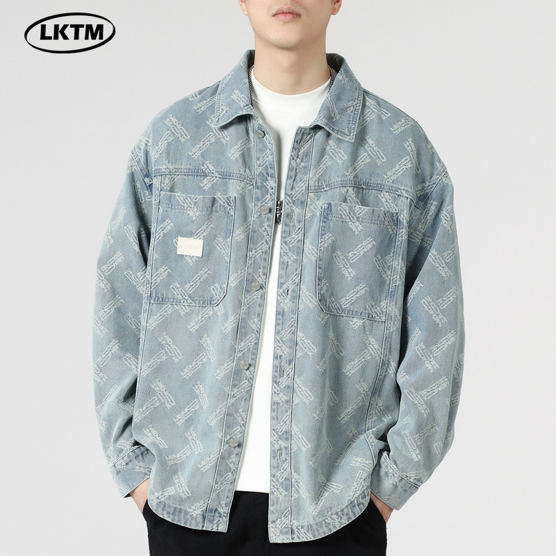 LKTM男装#新款美式复古提花牛仔外套男士设计感宽松翻领夹克上衣