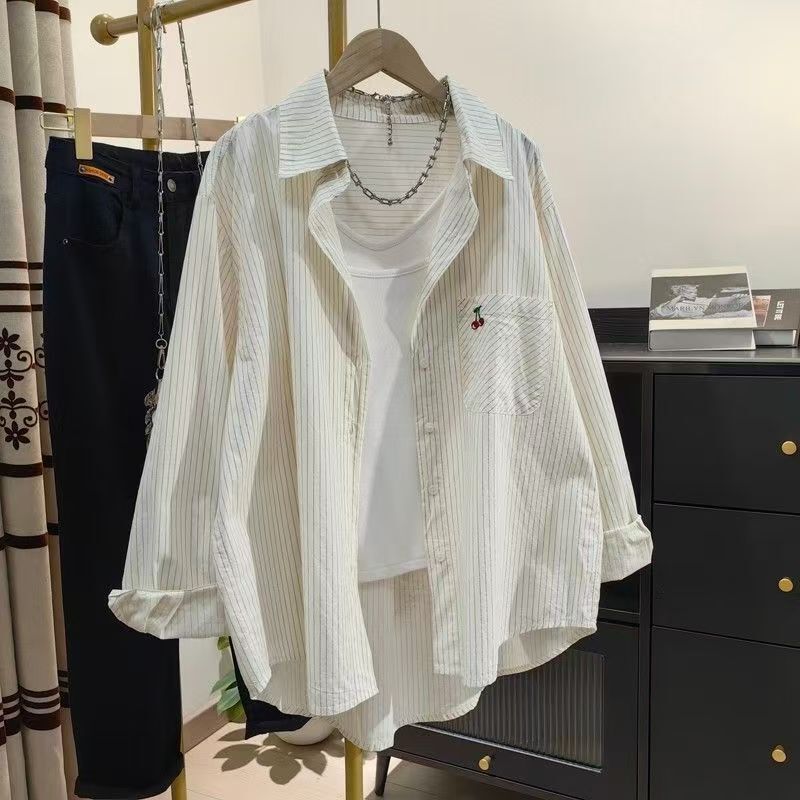 Vertical Striped Cherry Embroidery Shirt for Women 2026 New Style Sun Protection Shirt Jacket Casual Loose Versatile Cardigan Top Vertical Striped Cherry Embroidery Shirt for Women 2026 New Style Sun Protection Shirt Jacket Casual Loose Versatile Cardigan Top