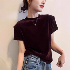 金丝绒正肩短袖T恤女2025早秋新款欧货女装修身内搭打底小衫上衣