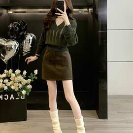 潮流一整套女秋套装镂空长袖洋气针织衫上衣短裙两件套小个子穿搭