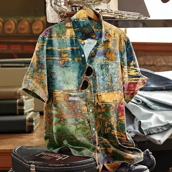 Vintage Oil Painting Texture Contrast Color Print Short Sleeve Shirt for Men, American Retro Loose Fit Casual Shirt Vintage Oil Painting Texture Contrast Color Print Short Sleeve Shirt for Men, American Retro Loose Fit Casual Shirt