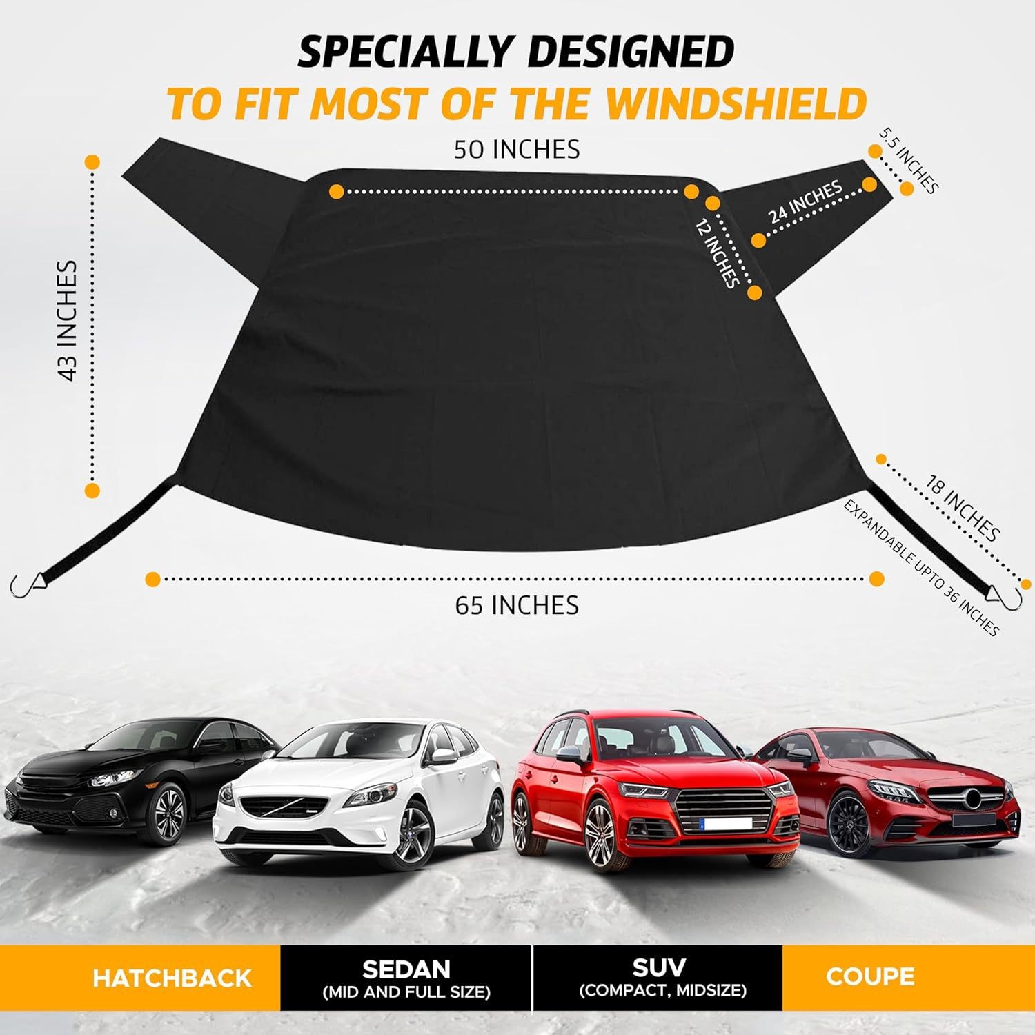 600D Oxford cloth car snow cover, windproof, with hook for fixing to the front windshield, sunshade, frost and freeze protection for the rear window