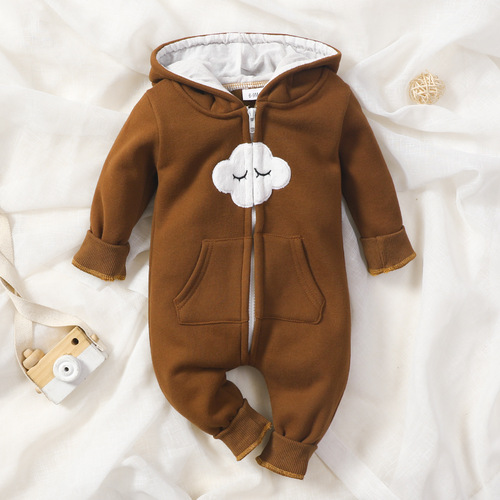 European and American children's clothing 0-2 years old cloud hoodie one-piece suit cotton rabbit ears zipper long sleeves long legs hat bag fart suit