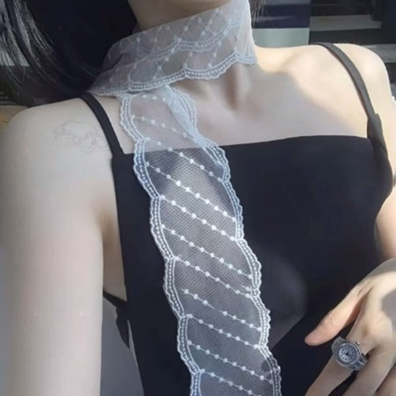 Chica Showa ~ Tela larga de encaje suave francés con tirantes para el cabello, diadema, temperamento de súper hada, bufanda de seda retro, estilo de verano