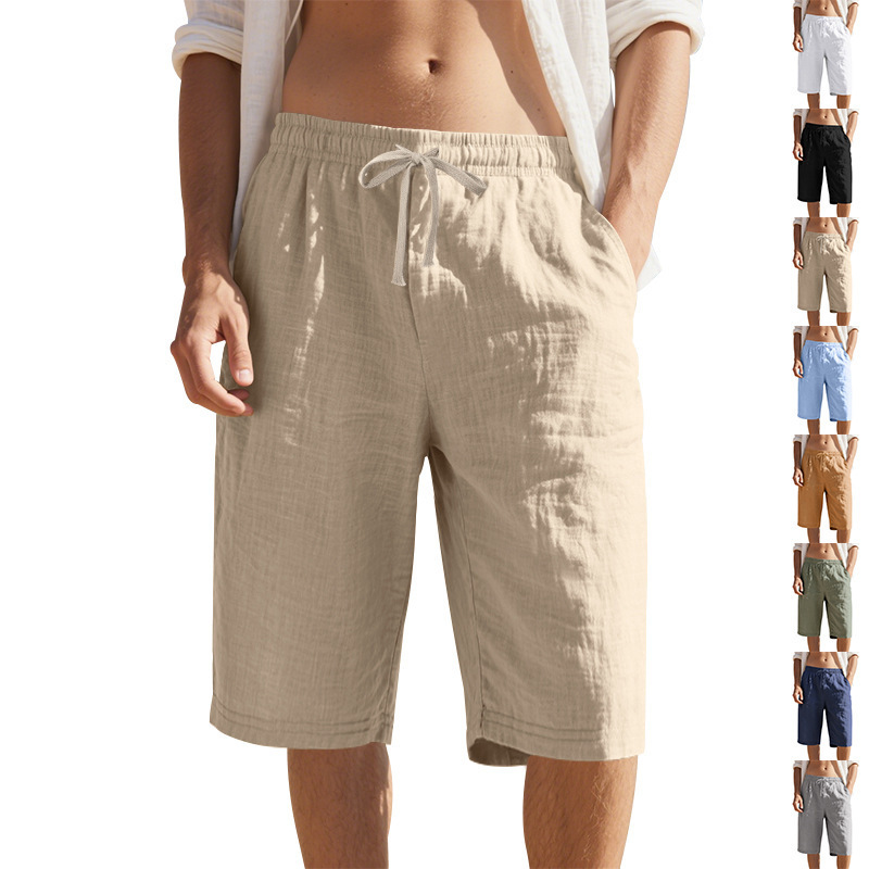 Estación independiente de lino transfronterizo cuerda elástica cintura recta piernas TK color sólido transpirable playa diaria siete puntos pantalones cortos casuales para hombres