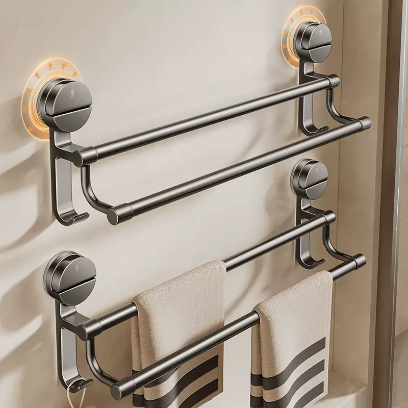 吸盘式毛巾架卫生间免打孔置物架浴室墙上架子厕所晾毛巾挂单双杆