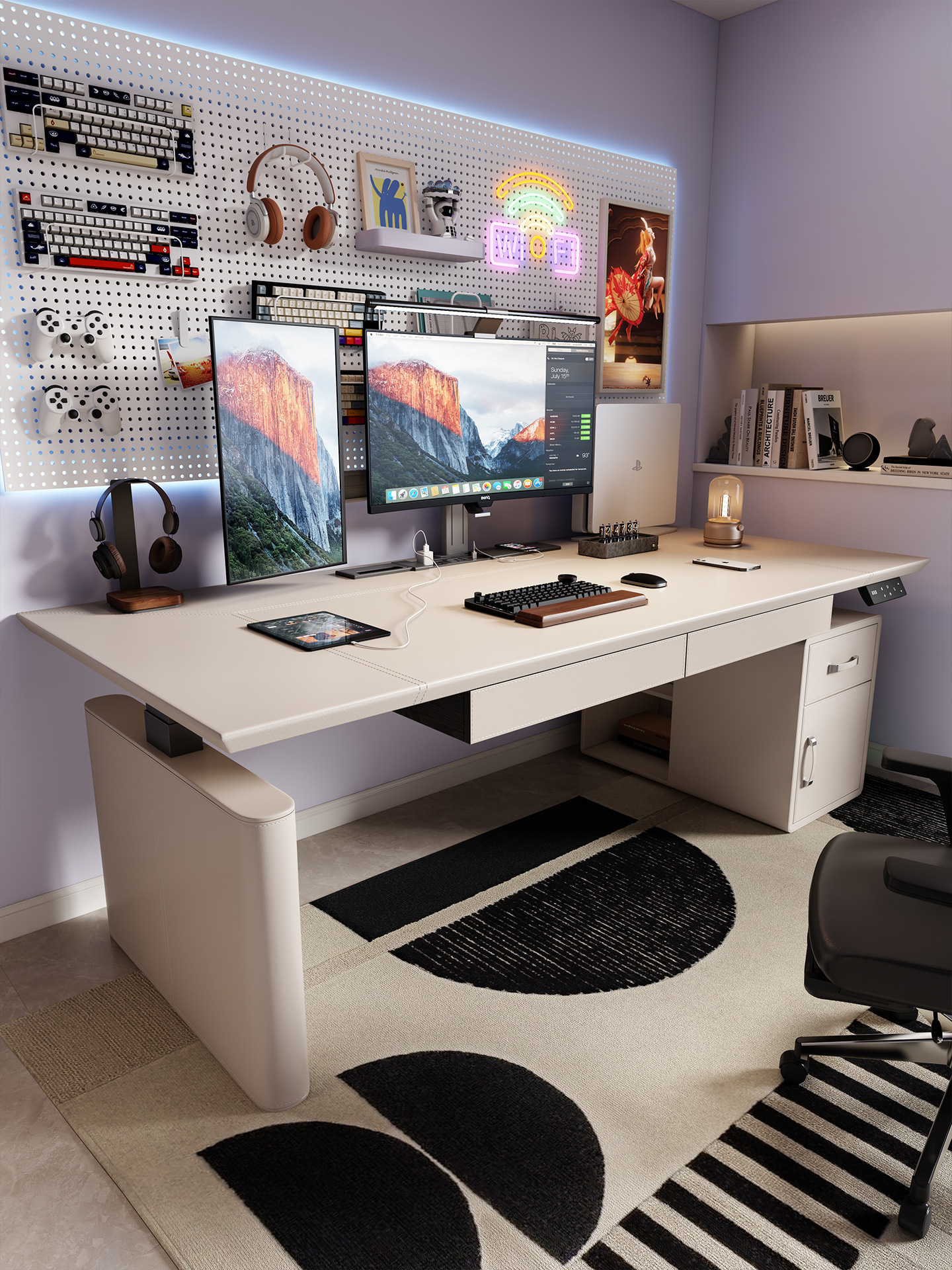 Electric Adjustable Leg Desk Home Dual Motor Computer Gaming Desk Solid Wood Saddle Leather Study Desk