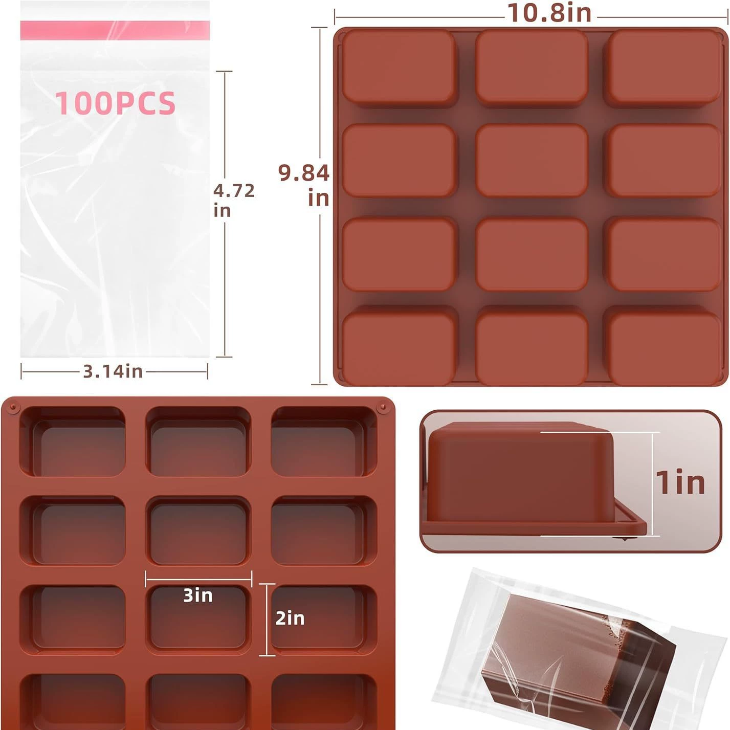 [12-камер силиконовая шоколадная палочка формочки+100 шт opp пакетыChocolate Bar Mold【YQ】]
