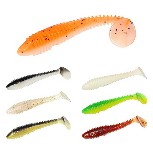 New Spiral T-Tail Dual-Color Soft Baits Set Screw T-Tail Root Sea Fishing Lead Head Hook Curved Blade Lure Soft Worm Cross-Border