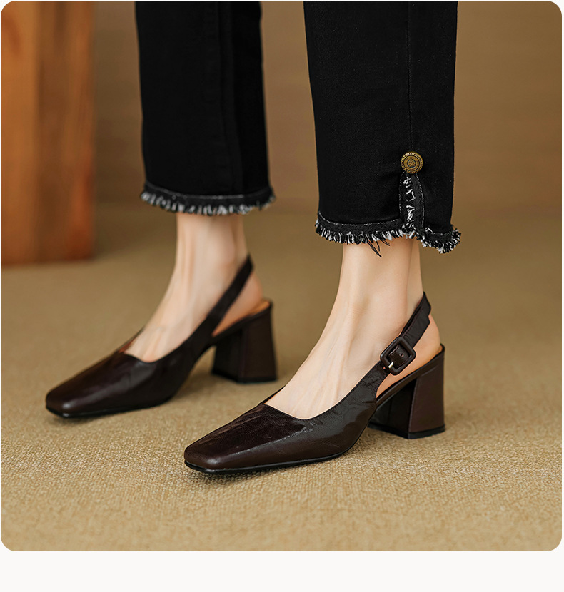Sandal cao gót nữ mũi nhọn quai khóa, gót thô 9 cm phong cách Hàn Quốc — màu nâu chi tiết 9