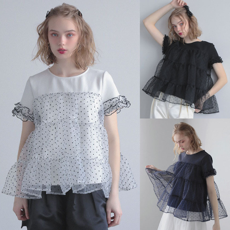 In-Stock Japanese Rakuten Korean-Style Mesh Patchwork Polka Dot Ruffle Short-Sleeve T-Shirt Round Neck Loose Design Top In-Stock Japanese Rakuten Korean-Style Mesh Patchwork Polka Dot Ruffle Short-Sleeve T-Shirt Round Neck Loose Design Top