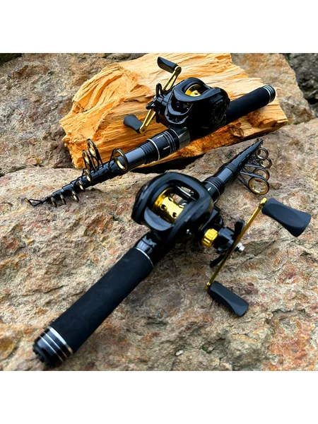 New high-end black small sea fishing rod with left/right hand baitcasting reel, portable telescopic rod for long-distance sea fishing set wholesale
